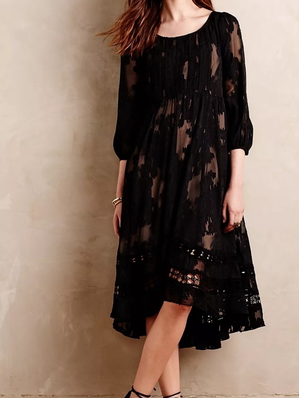 Maeve Black Sheer Lace High-Low Midi Dress
